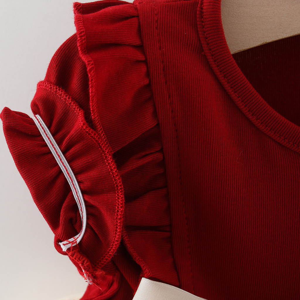 Váy bé gái thun cotton phối lưới thêu vintage Váy bé gái màu đỏ đô phong cách Hàn D862