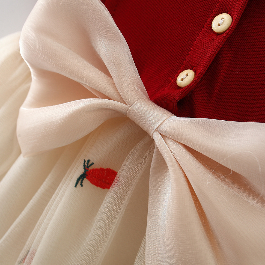 Váy bé gái thun cotton phối lưới thêu vintage Váy bé gái màu đỏ đô phong cách Hàn D862