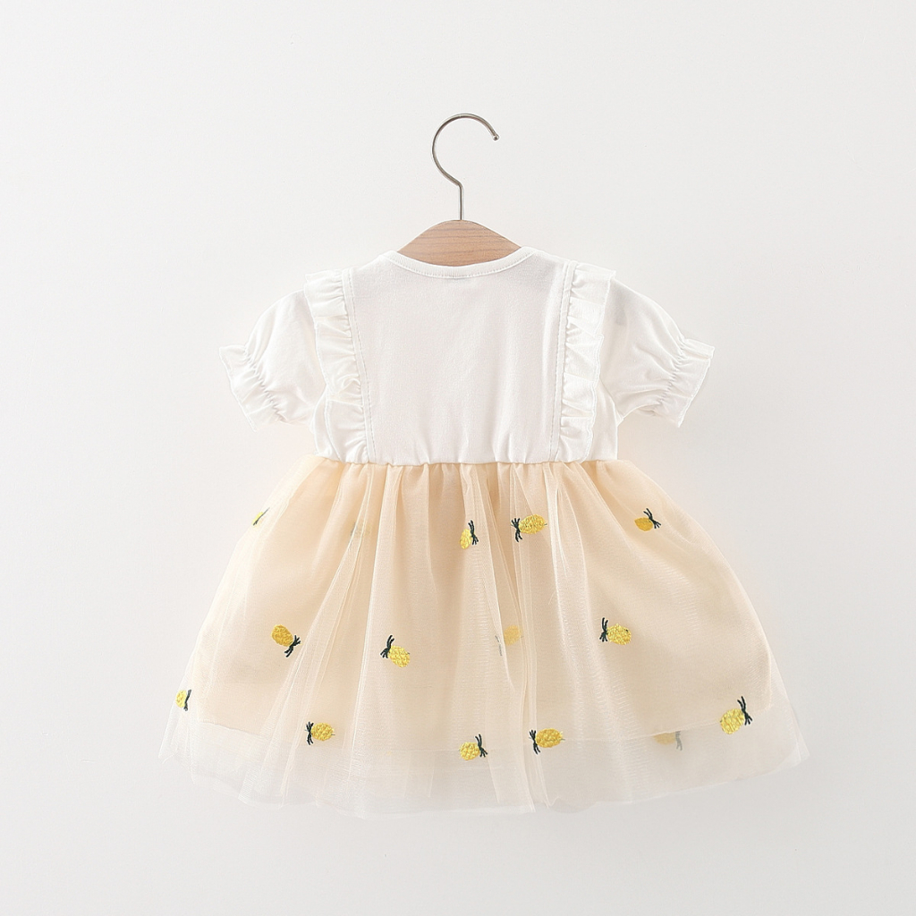 Váy bé gái thun cotton phối lưới thêu vintage Váy bé gái màu đỏ đô phong cách Hàn D862