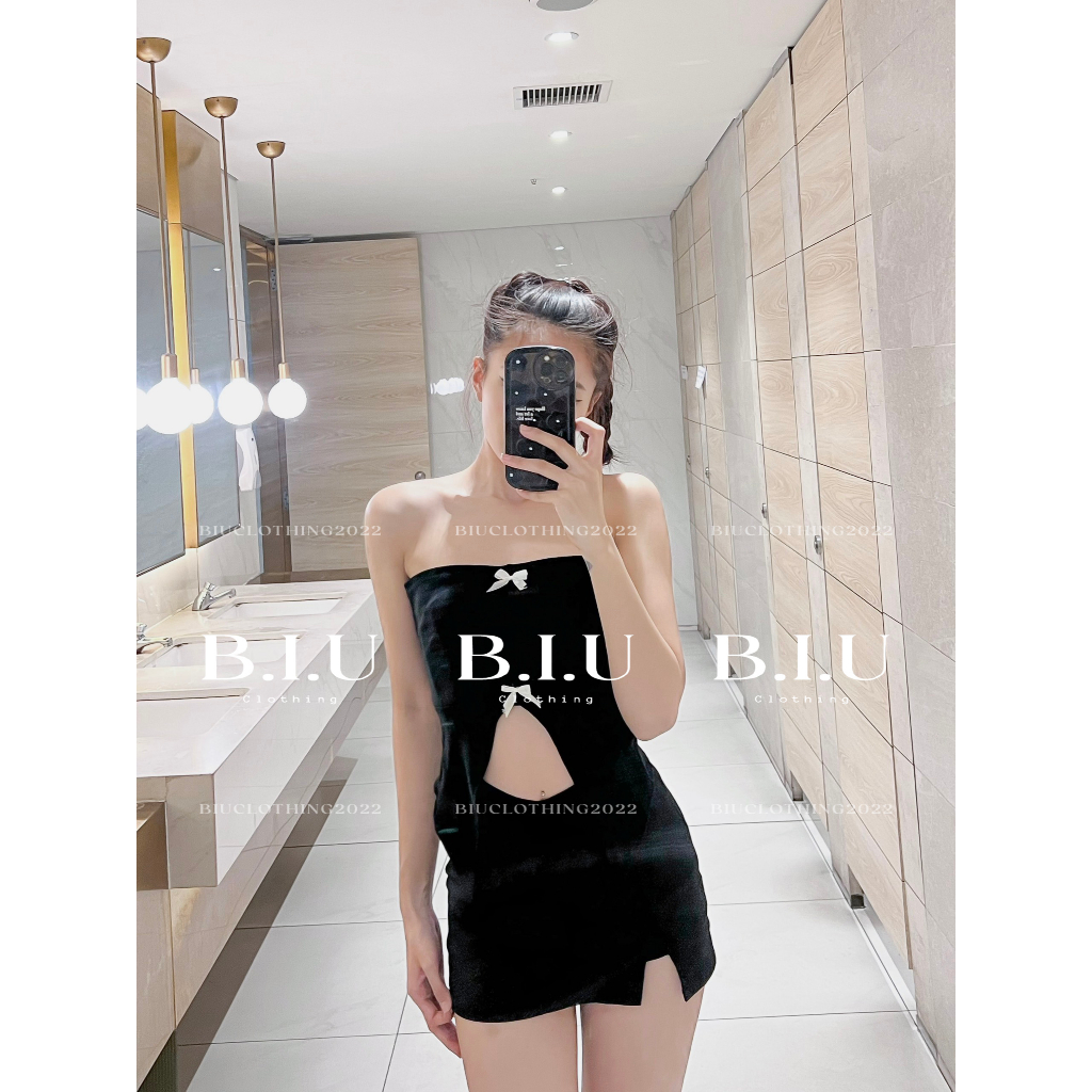 Áo quây đính nơ xẻ tà chất co giãn dày dặn chân váy vạt V màu đen siêu xinh BIU Clothing BB0118