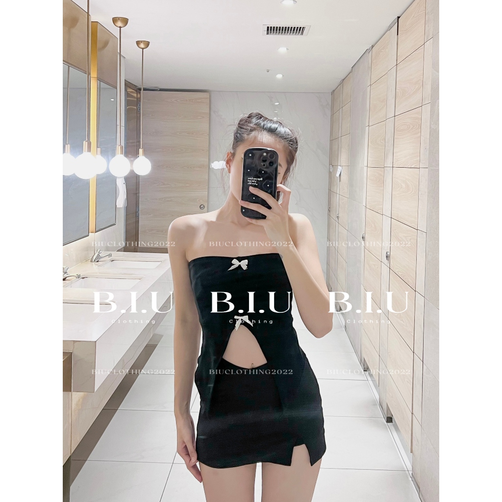 Áo quây đính nơ xẻ tà chất co giãn dày dặn chân váy vạt V màu đen siêu xinh BIU Clothing BB0118