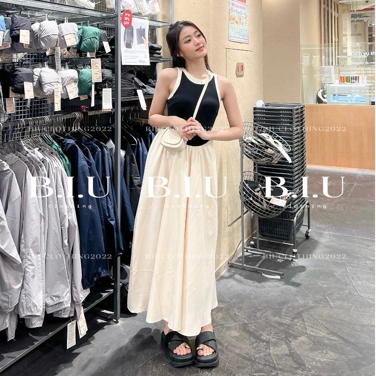 Đầm ba lổ sát nách mix viền tà 2 màu taobao form xòe dài hàng thiết kế xịn xò Dana Dress BIU Clothing BB0121