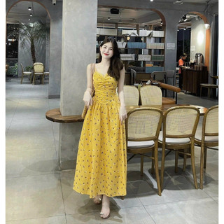 Đầm xu hướng dễ thương du lịch chất voan cao cấp in hoa ,ng nhí, váy 2 dây maxi có mút nhún ngực đi biển dễ thương