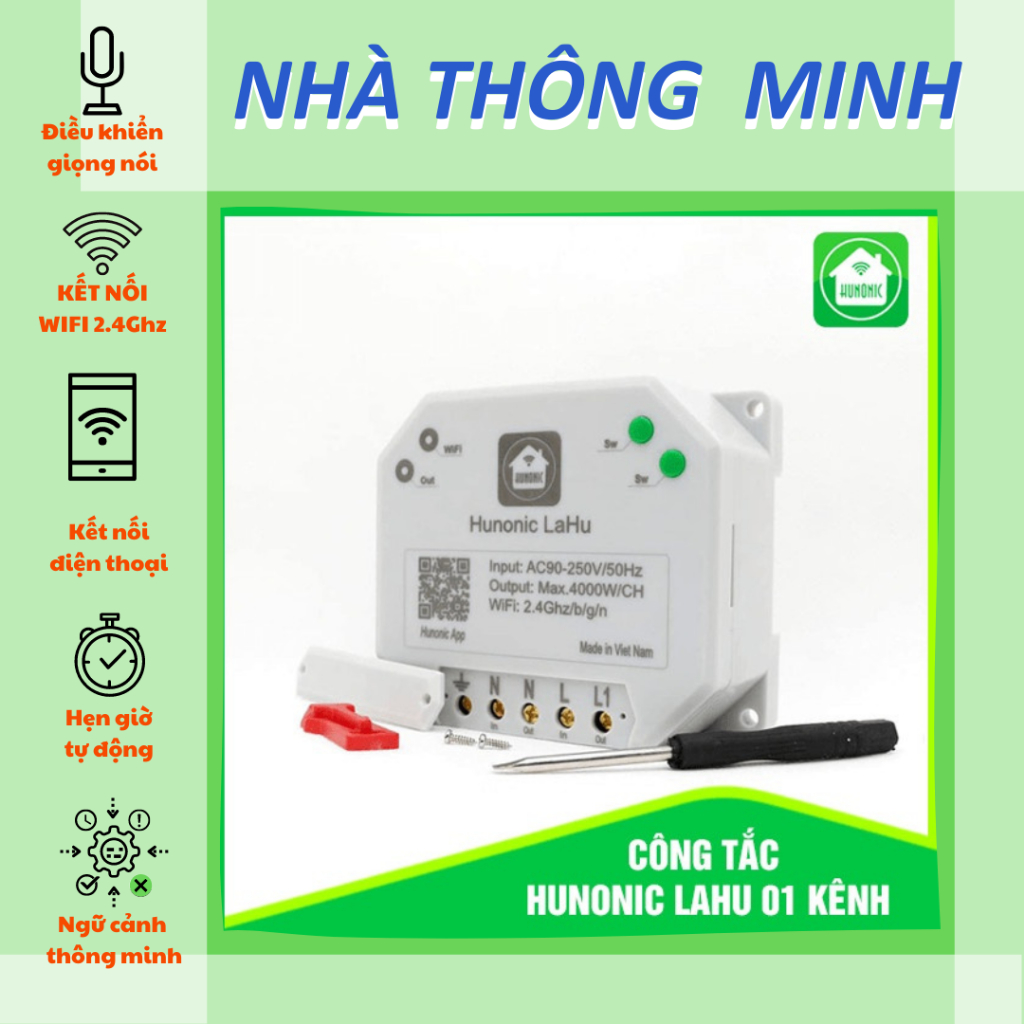 Công Tắc Điều Khiển Từ Xa Qua Điện Thoại Hunonic Lahu 4 kênh│Công tắc thông minh kết nối Wifi│ Hàng Việt Nam _h2