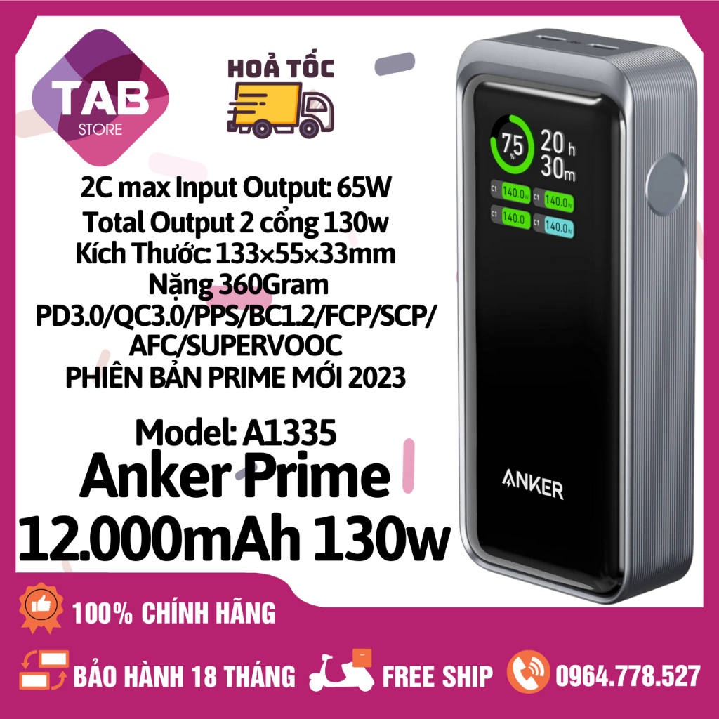 Sạc Dự Phòng Anker Prime 12.000mAh 130w 2C - A1335