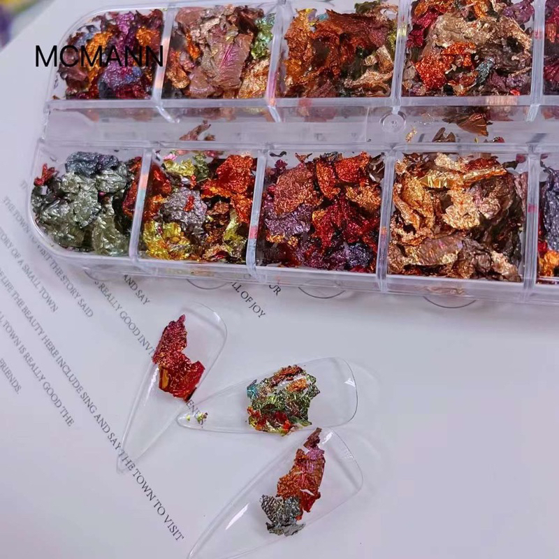 Set giấy bạc vụn trang trí móng 12 ô tone đỏ đất sét - Kitty Nails Supply