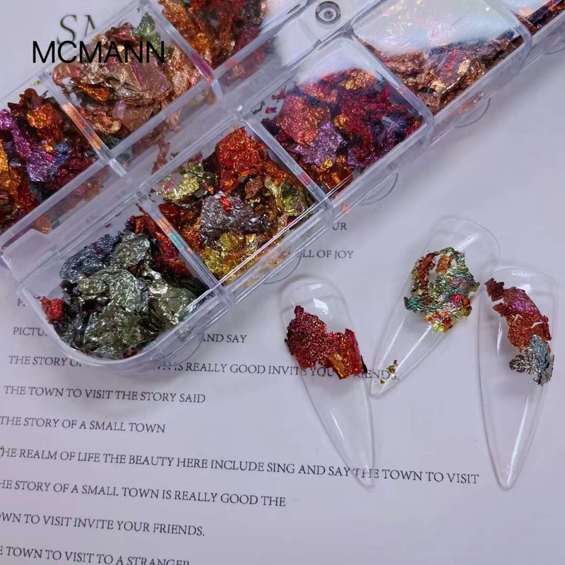 Set giấy bạc vụn trang trí móng 12 ô tone đỏ đất sét - Kitty Nails Supply