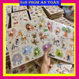 Bảng đồ chơi núm gỗ nhiều chủ đề, bảng ghép hình núm gỗ động vật, trái cây, chữ , số….