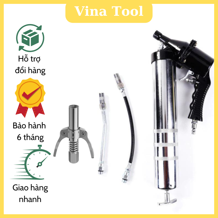 Bộ Bơm Mỡ Dùng Hơi Khí Nén Cầm Tay Và Đầu Kẹp Bơm Mỡ, Bộ Dung Cụ Bơm Mỡ Bò, Đầu Kẹp Bơm Mỡ 6 Chấu