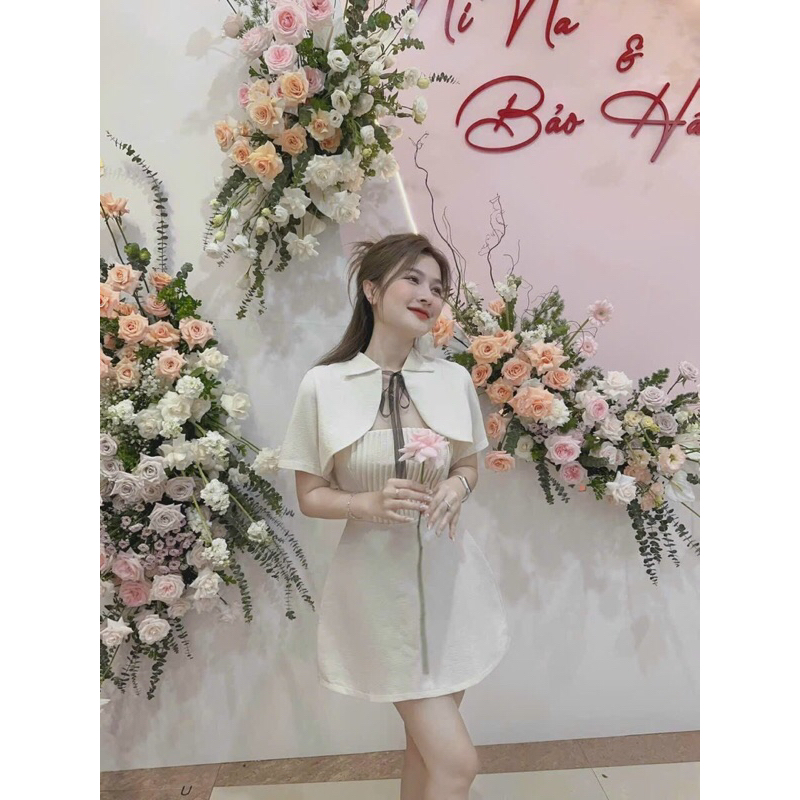 *Đầm thời trang dập ly ngực cột dây nơ có mút kèm áo khoác cổ sơmi tay ngắn váy chữ A đẹp xuất sắc