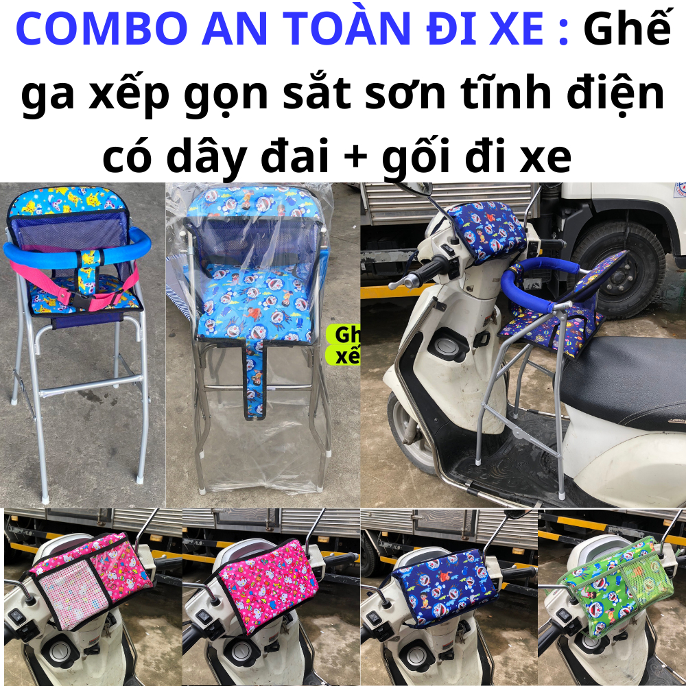 combo an toàn đi xe máy cho bé gồm 1 ghế ga xếp sắt sơn tĩnh điện gấp gọn được và 1 gối hoạt hình đi xe cho bé