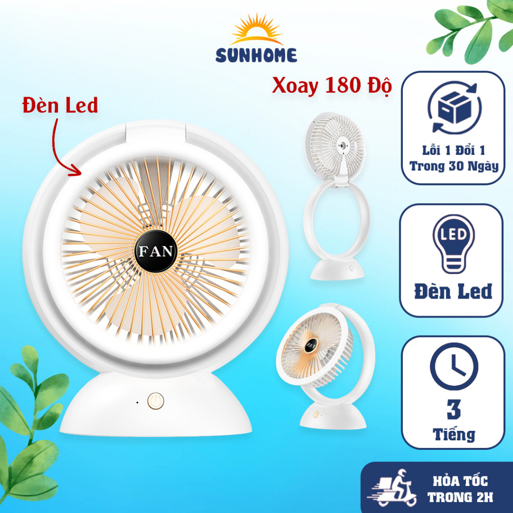 Quạt mini tích điện để bàn kèm đèn LED xoay 180 độ, máy quạt pin sạc điện usb làm mát công suất lớn pin 2000 mAh.