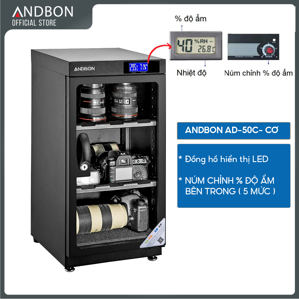 Tủ chống ẩm máy ảnh 50 lít ANDBON AD-50C, Tủ hút ẩm máy ảnh, lens 50l ba ngăn nhập khẩu Nhật Bản tiết kiệm điện Drybox