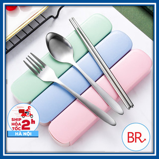 Bộ đũa thìa inox kèm hộp màu Pastel ( Bao Bì Mới ) - Bộ đũa thìa dĩa kèm hộp tiên lợi br 00328