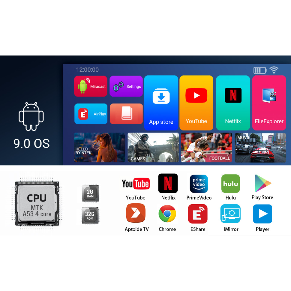 Máy Chiếu Di Động Byintek R20 Pro 3D FullHD 4K Pin 15600 mah Android 9.0–Rạp chiếu phim xem bóng đá mini ngoài trời