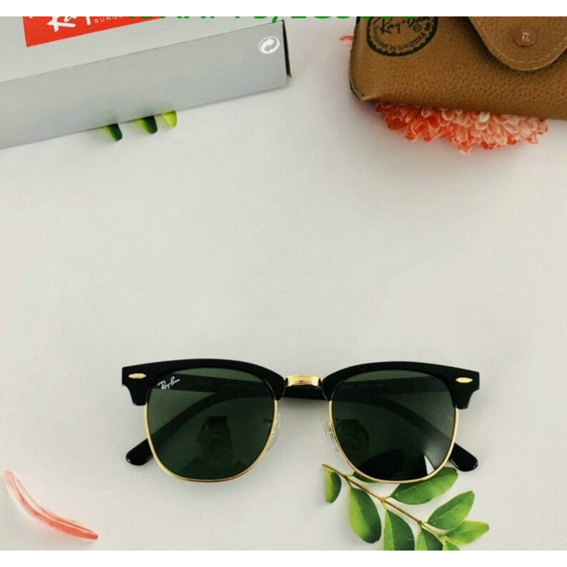 Kính râm mát rayban Clubmaster của ý, 2nd, tròng thủy tinh màu xanh đen, unisex, thời trang nam nữ du lịch biển