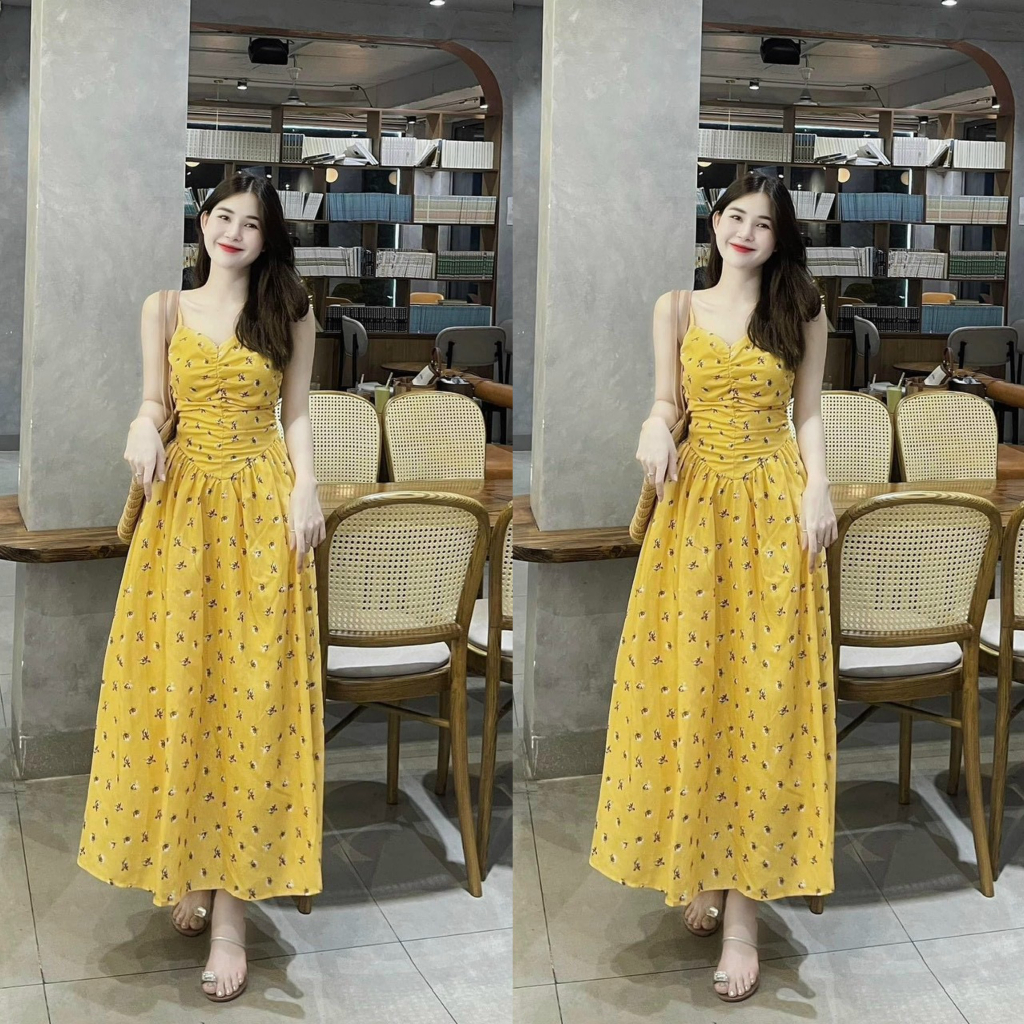 Đầm váy nữ maxi ,váy hai dây dáng xòe nền hoa nhí phong cánh dịu dàng thanh lịch cho nàng đi biển,đi tiệc,đi chơi