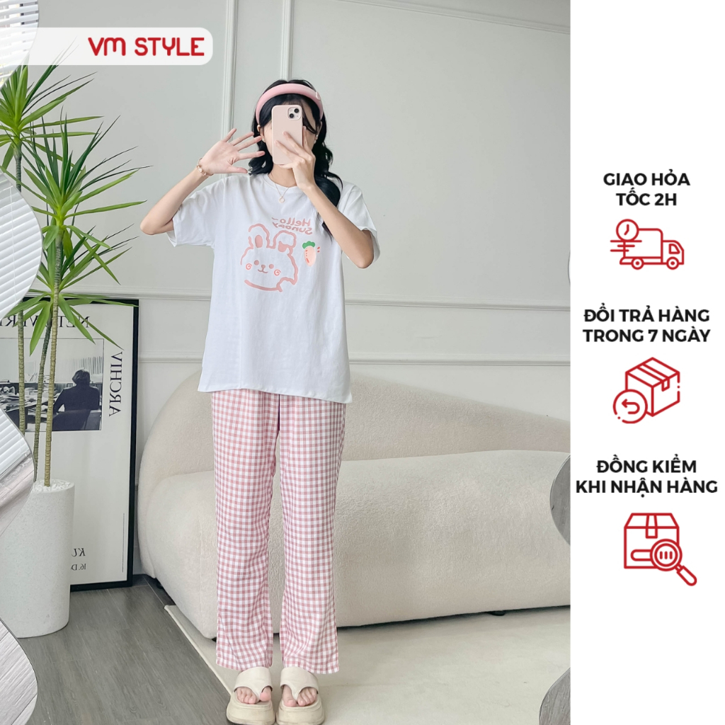 Set bộ nữ VMTSTYLE tay ngắn in hình thỏ Hello Sunday + quần dài caro dễ thương mặc ở nhà, đi ngủ 37173- DBU00050