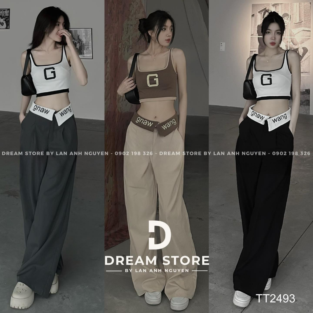 Set bộ đồ nữ áo thun croptop 2 dây bản to phối viền mix quần suông rộng bẻ lai chữ siêu xinh dành cho các nàng
