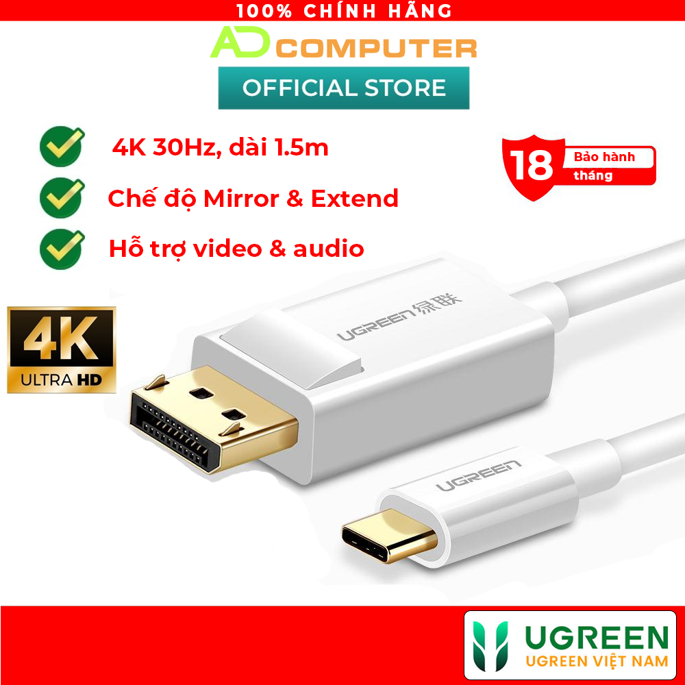 Cáp chuyển USB Type C to Displayport cao cấp Ugreen 40420 dài 1,5m hỗ trợ 4K - Hàng chính hãng