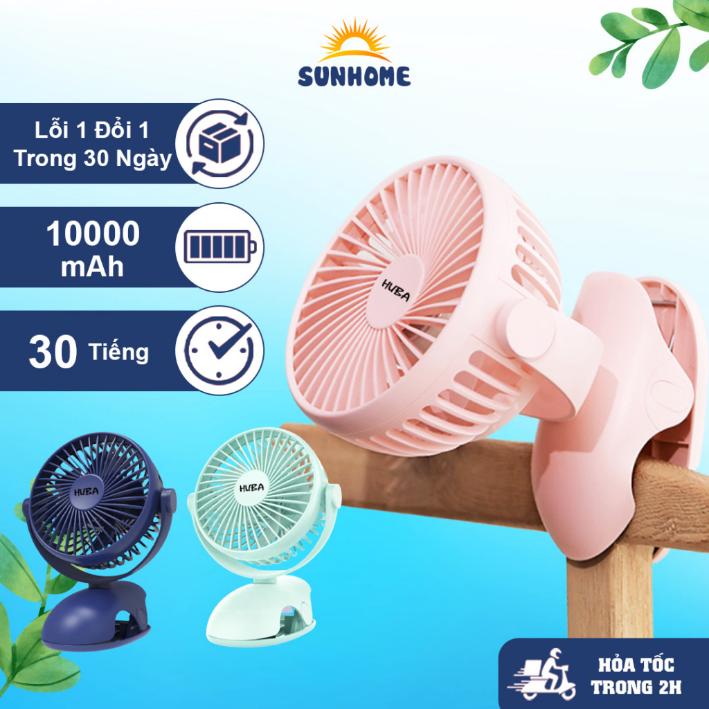 Quạt mini tích điện Phạm Thoại kẹp để bàn 10.000mAh HUBA xoay 180 độ, máy quạt pin sạc điện usb làm mát công suất lớn