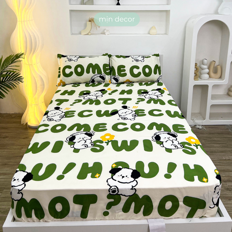 Bộ ga gối cotton 3D mềm mại MỊN DECOR bo chun miễn phí, dra giường 2 áo gối cotton poly