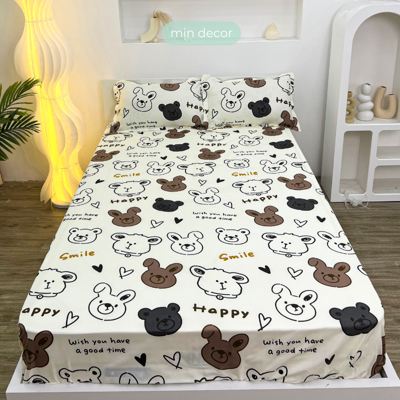 Bộ ga gối cotton 3D mềm mại MỊN DECOR bo chun miễn phí, dra giường 2 áo gối cotton poly