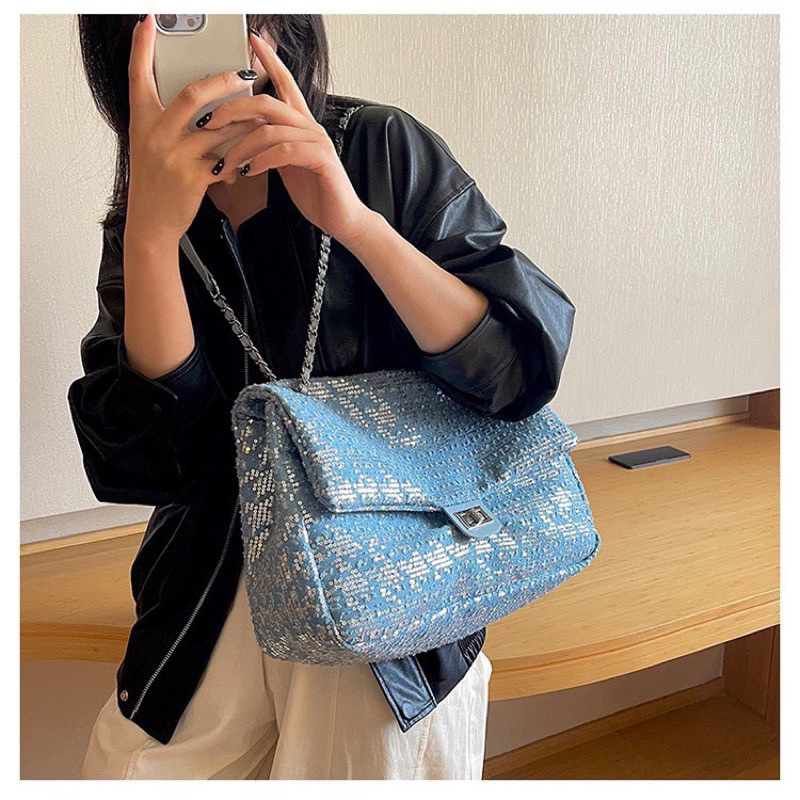 Túi xách nữ đẹp classic big size hot trend 2023 nhũ xanh size 38cm