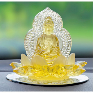 Phật mẹ quan âm đá lưu ly ngự đài sen , tượng phật di lặc pha lê cao cấp để taplo ô tô