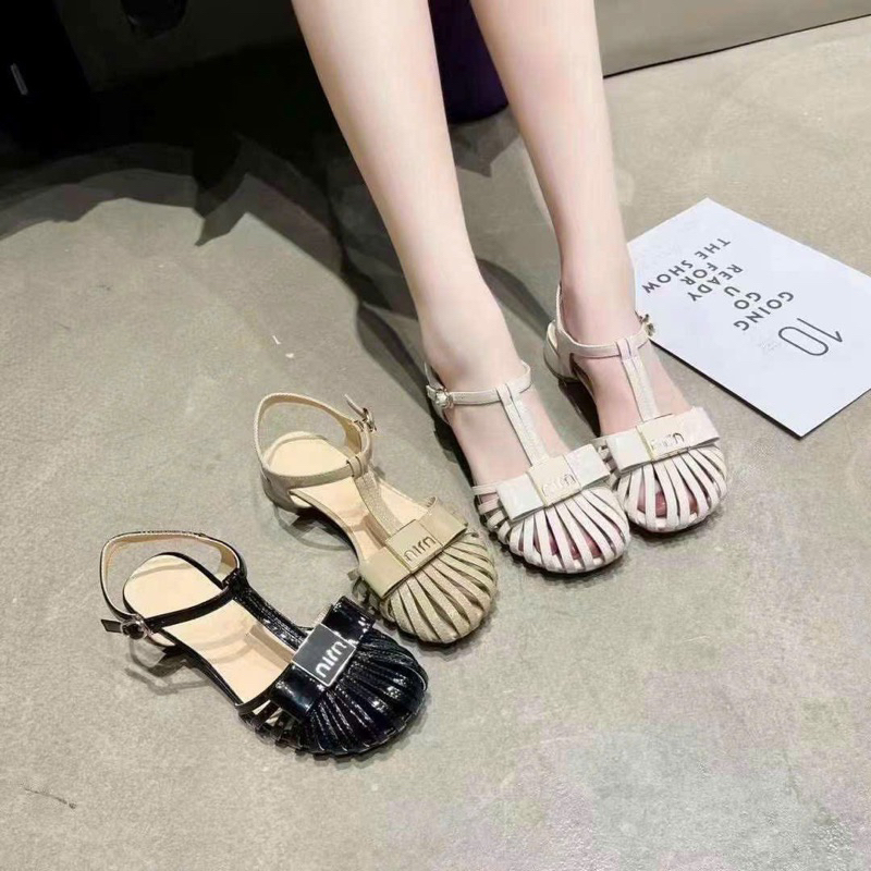 Sandal rọ miu miu mũi tròn dây đan mảnh hàng quảng châu cao cấp