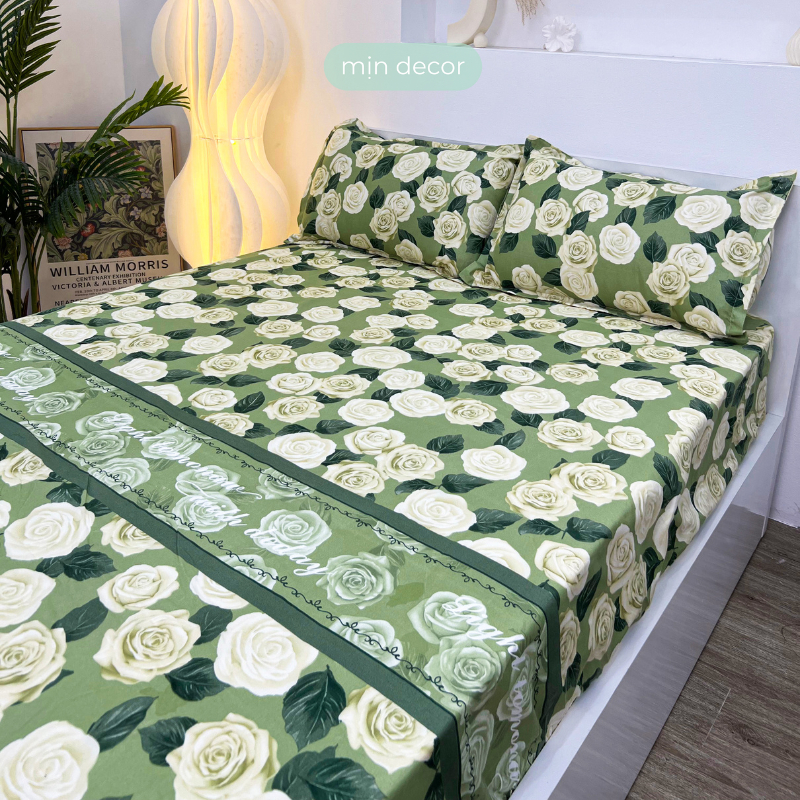 Drap giường 2 vỏ gối nằm cotton 3D Mịn Decor mềm mại bo chun miễn phí
