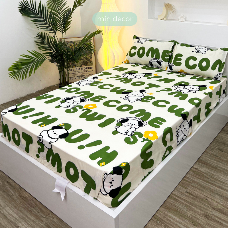 Drap giường 2 vỏ gối nằm cotton 3D Mịn Decor mềm mại bo chun miễn phí