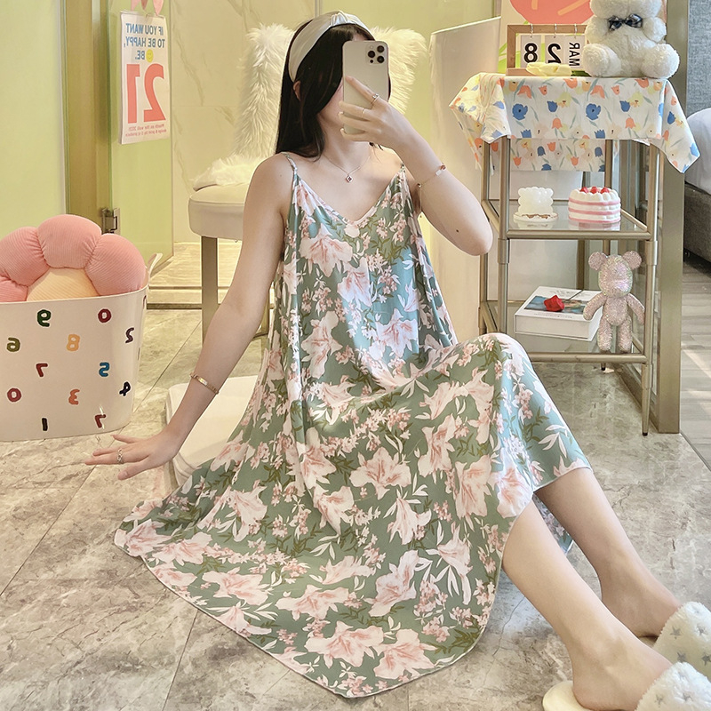 Váy ngủ hai dây vải Cotton lanh lụa tự nhiên mềm mịn mát lạnh, đầm ngủ nữ mặc nhà nữ cổ V dáng chữ A sẻ vạt  mã V0252