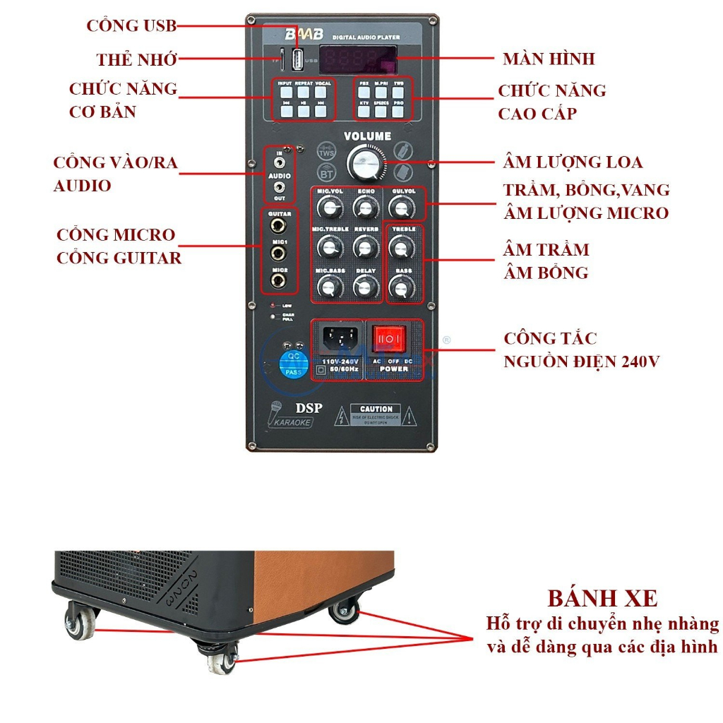 Loa Kéo Karaoke BB822 8 Loa 3 Đường Tiếng, Công Suất Lớn Lên Đến 1500W, Âm Bass 25Cm Bao Mạnh, Bao Chiến Kèm 2 Micro UHF