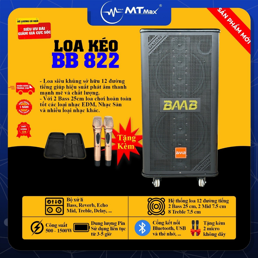 Loa Kéo Karaoke BB822 8 Loa 3 Đường Tiếng, Công Suất Lớn Lên Đến 1500W, Âm Bass 25Cm Bao Mạnh, Bao Chiến Kèm 2 Micro UHF