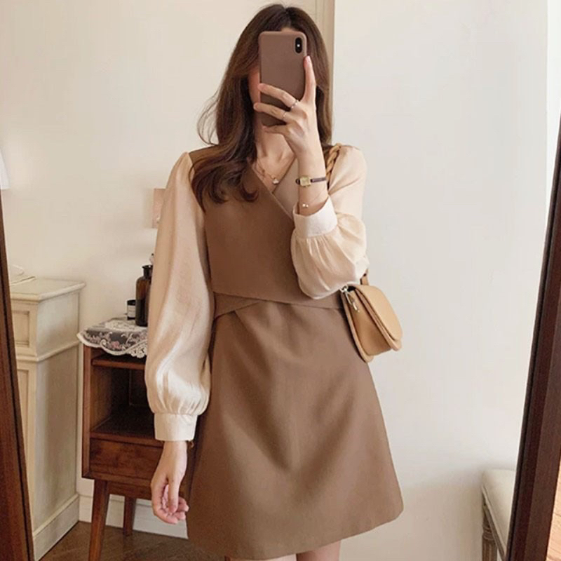 Đầm cổ V tà vạt xéo tay dài màu nâu tây, đầm công sở, đầm dạo phố 2hand