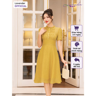 Đầm công sở thiết kế LAVENDER màu vàng dáng xòe vải tơ mềm cổ nhún D2882