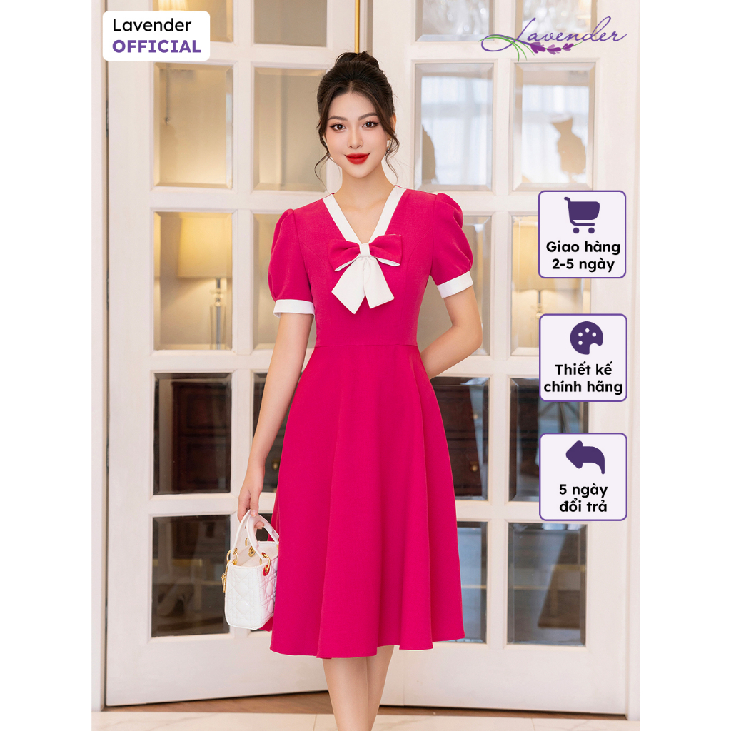 Đầm công sở thiết kế LAVENDER màu hồng sen phối nơ trắng D2879