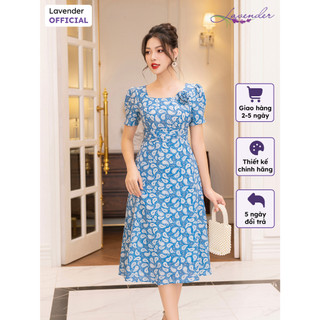 Đầm công sở thiết kế LAVENDER dáng xòe màu xanh họa tiết lông vũ cổ vuông đính hoa D2876