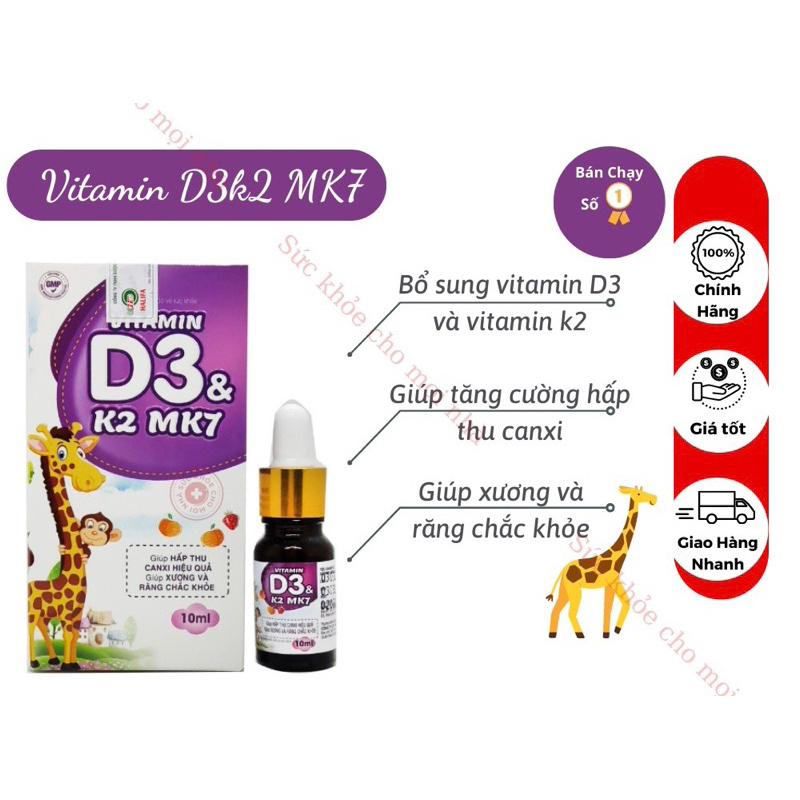 Vitamin D3k2 MK7.Tăng Cường Hấp Thu Canxi Giúp Xương Răng Chắc Khỏe .Lọ 10ml