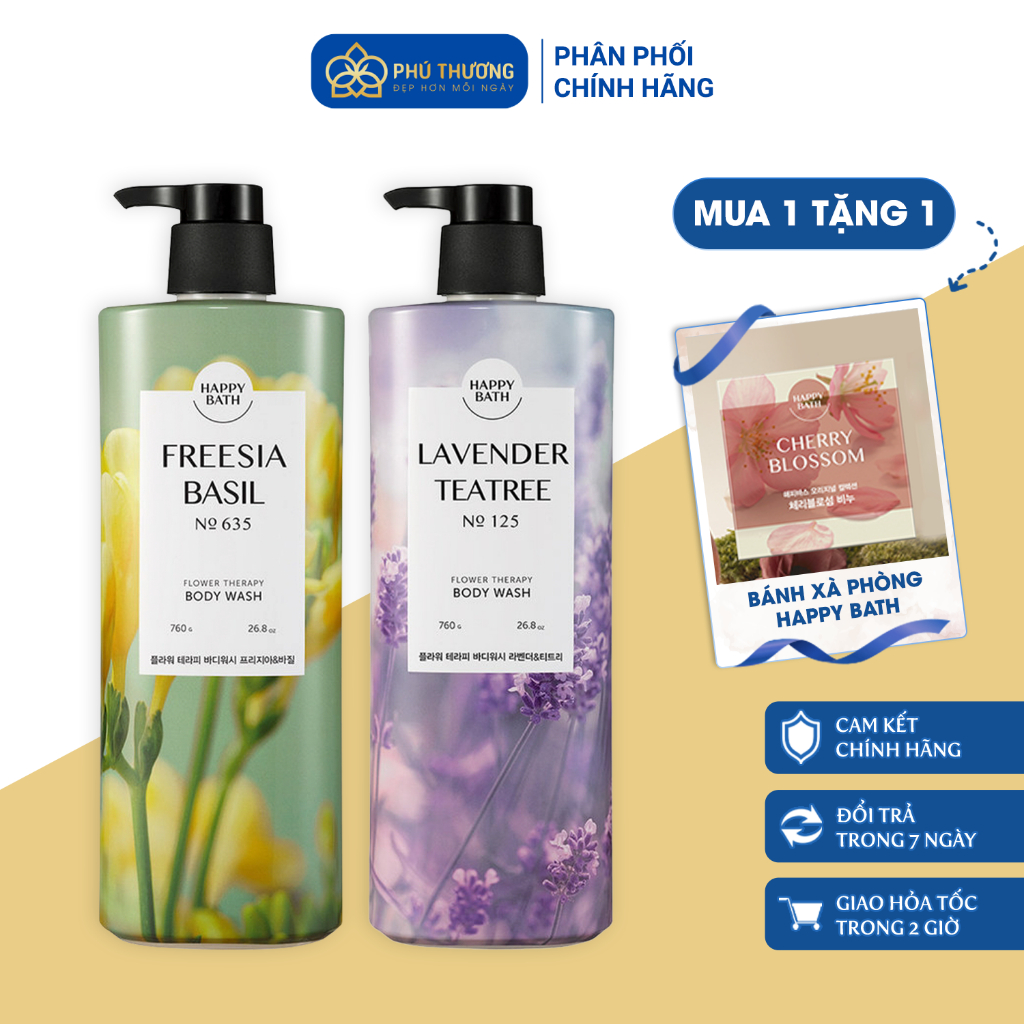 [Tặng Bánh Xà Phòng] Sữa tắm Happy Bath Flower Therapy Body Wash 760g