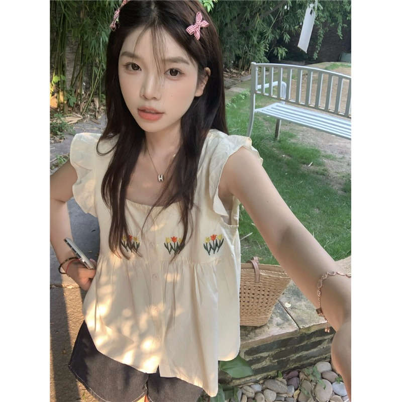 Sơ mi nữ cổ vuông tay ngắn cánh tiên thêu hoa sơmi nữ phong cách điệu đà 8346