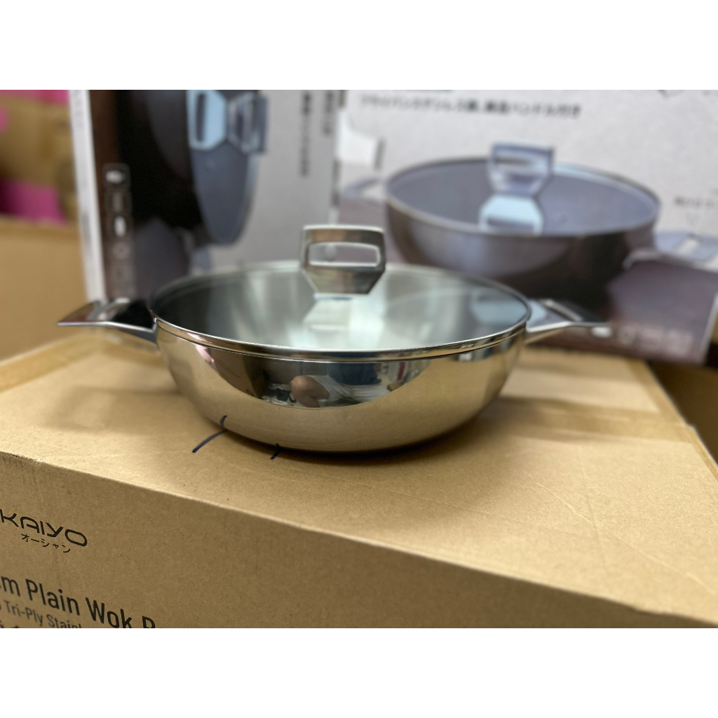 Chảo lẩu xào sâu lòng Kaiyo inox 18/10 size 24 26cm kèm vung kính Chảo xào đáy từ Nhật Bản