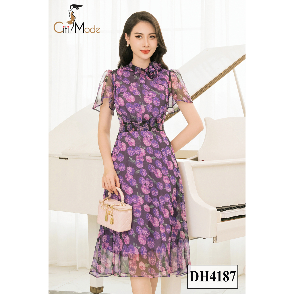 Đầm công sở CITI MODE FASHION thiết kế dáng xoè hoa tím đính hoa DH4187