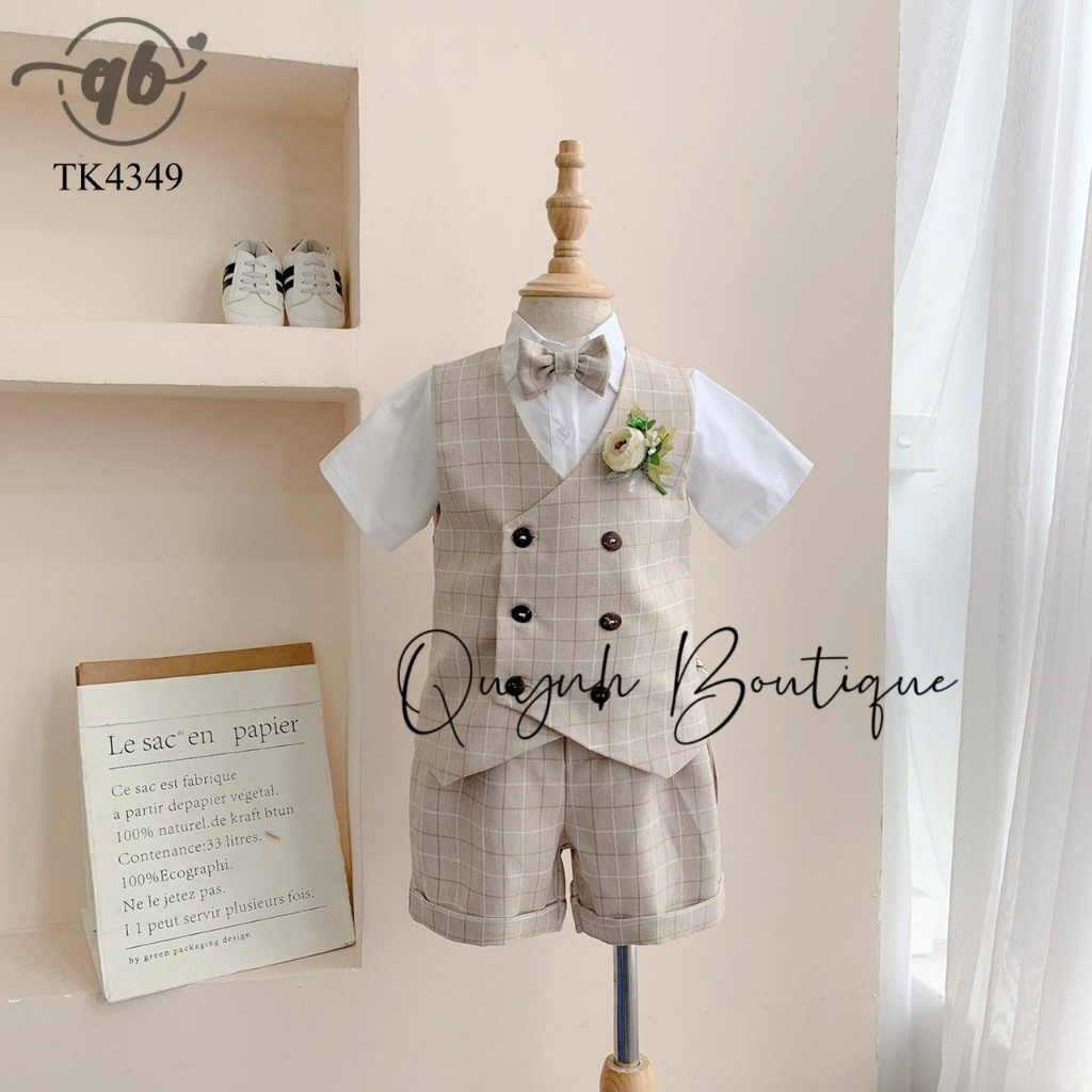 Vest Bé Trai Cao Cấp Quỳnh Boutique Set Vest Cộc Lãng Tử Kẻ Be