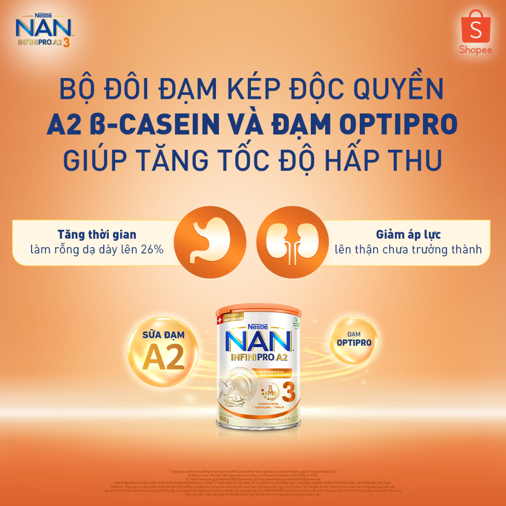 Sữa Bột Nestlé NAN INFINIPRO A2 bước 3 800g từ Thụy Sỹ giúp dung nạp tiêu hóa tốt sau 7 ngày