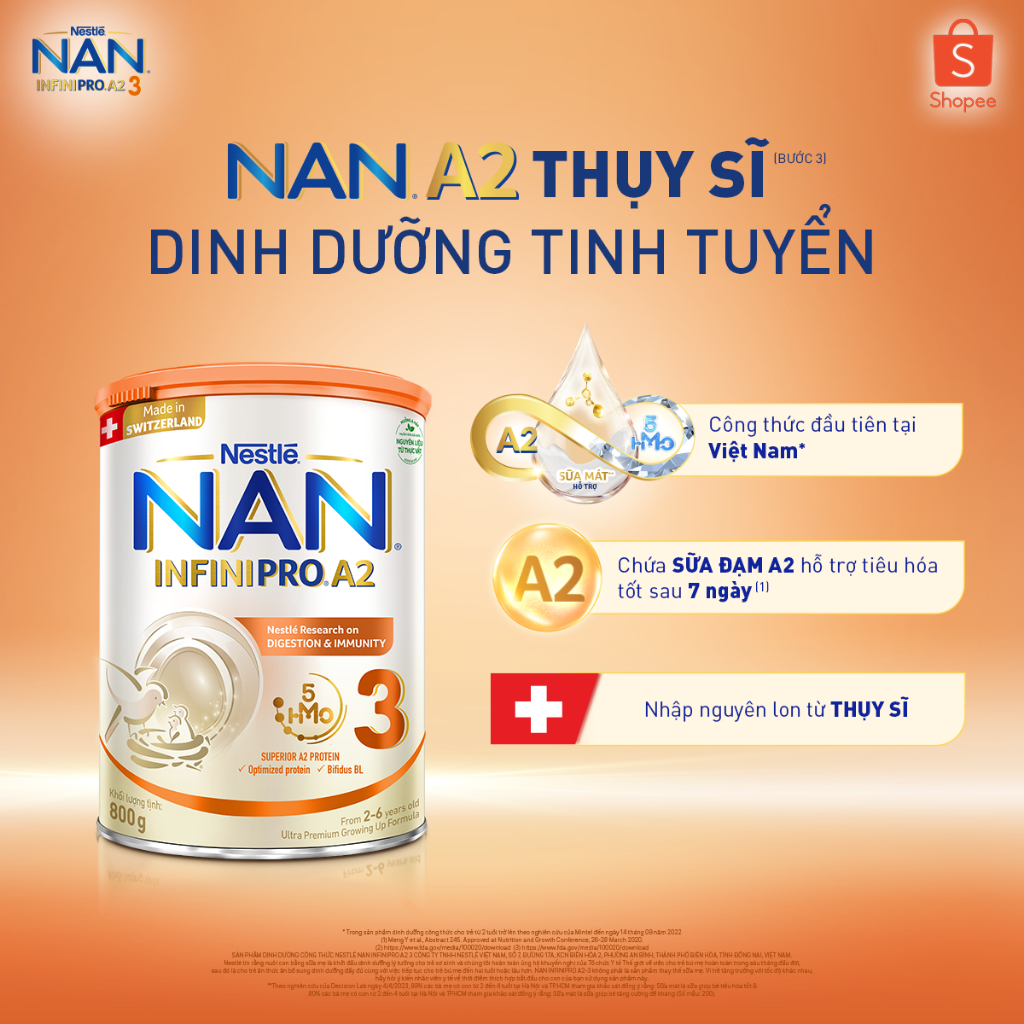 Sữa Bột Nestlé NAN INFINIPRO A2 bước 3 800g từ Thụy Sỹ giúp dung nạp tiêu hóa tốt sau 7 ngày