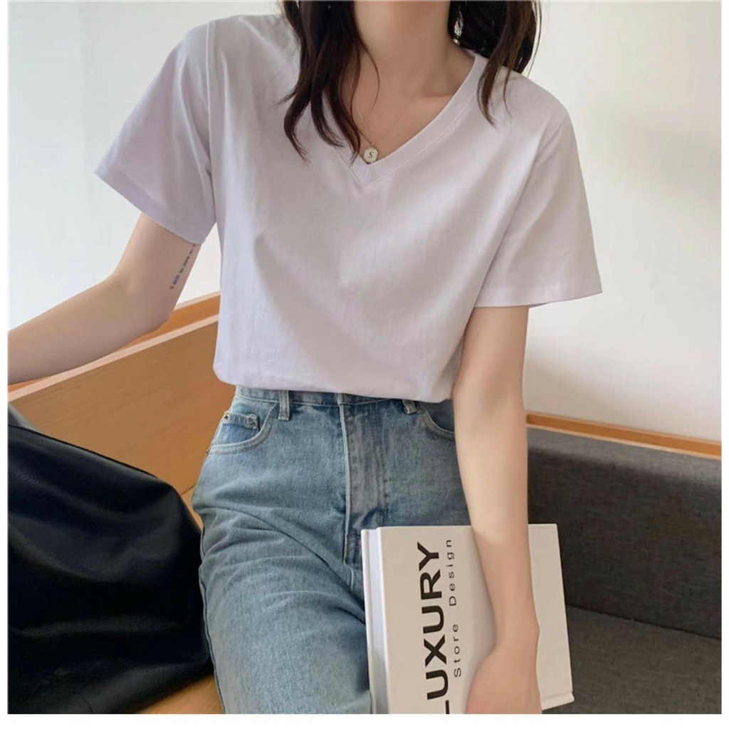 Áo thun nữ cổ tim JULY, Áo thun nữ cổ V chất cotton 100