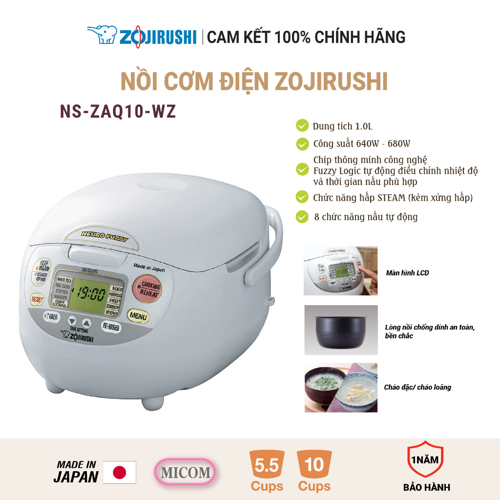 Nồi cơm điện tử ZOJIRUSHI NS-ZAQ10-WZ 1L, sản xuất tại Nhật