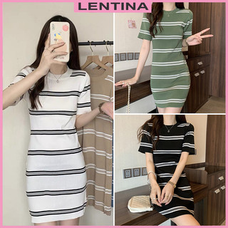  Váy body len mongtoghi đầm dáng ôm ngắn tay nữ kiểu cổ tròn kẻ sọc ngang dệt kim phong cách ulzzang Hàn Quốc 